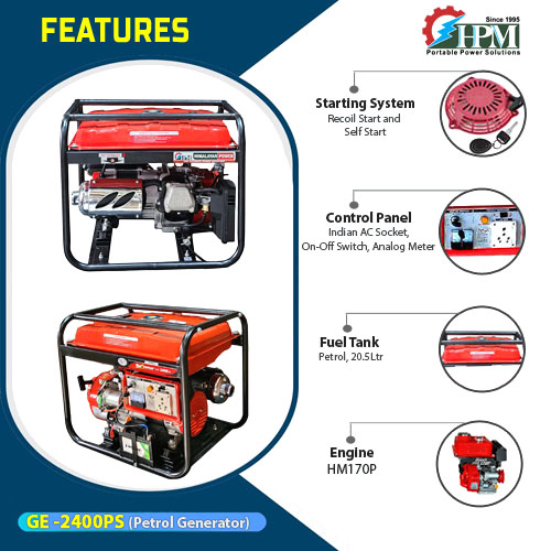 2.1 KVA Portable Generator, Recoil Start, Petrol Run, Model GE-2400P
